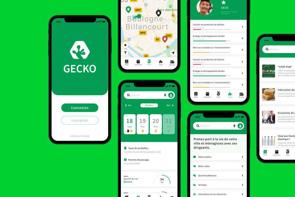 Différents visuels de l'application Gecko.
