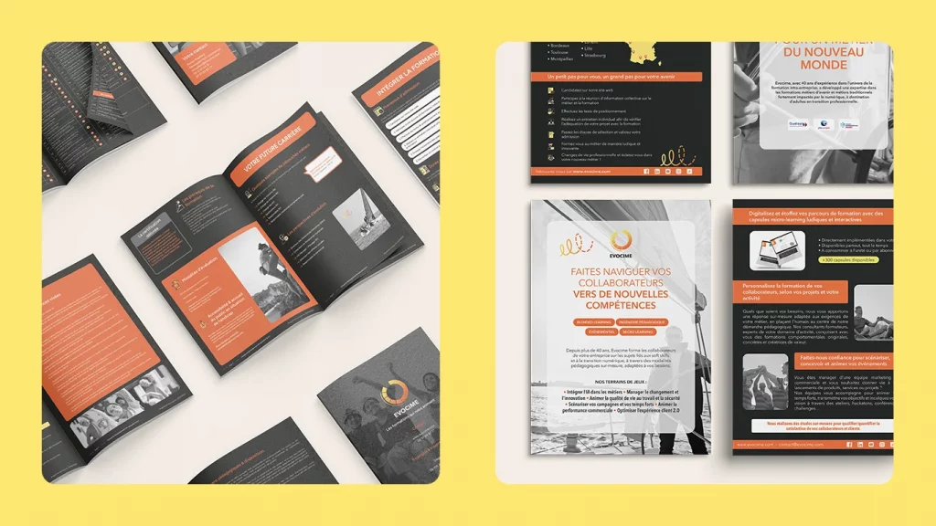 Design de mises en page réalisées pour Evocime notamment les programmes et flyers.