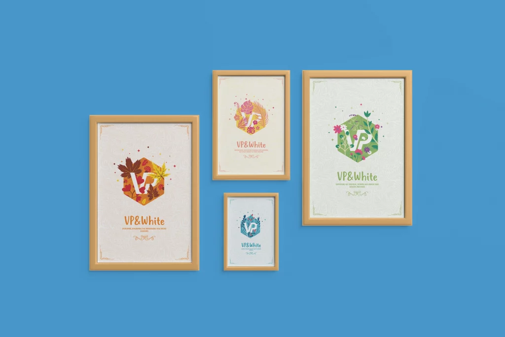 Mockup des affiches aux couleurs des saisons réalisées pour décorer les locaux de VP&White.