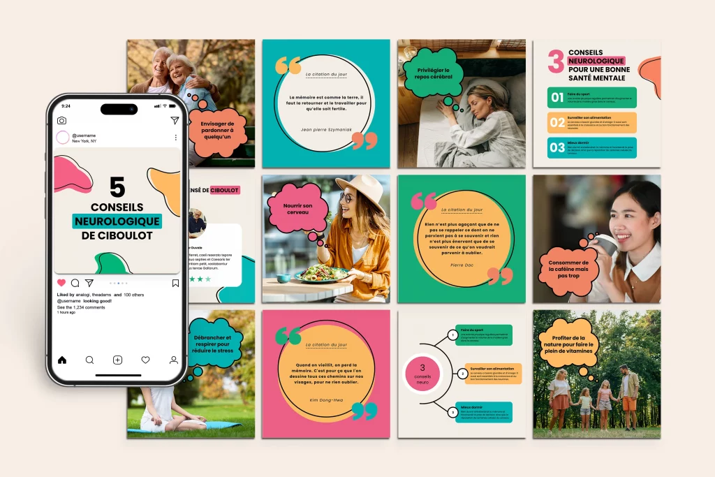 Exemples de visuels créés pour les réseaux sociaux de Ciboulot.